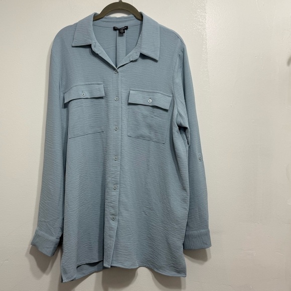 Hilary Radley Blue Utility Button Front Blouse Long Sleeve L - Picture 2 of 9